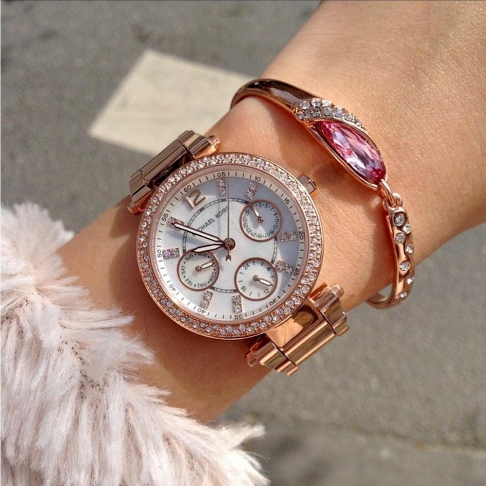 💎💎MICHAEL KORS pearl face crystal chronograph date parker rose gold watch